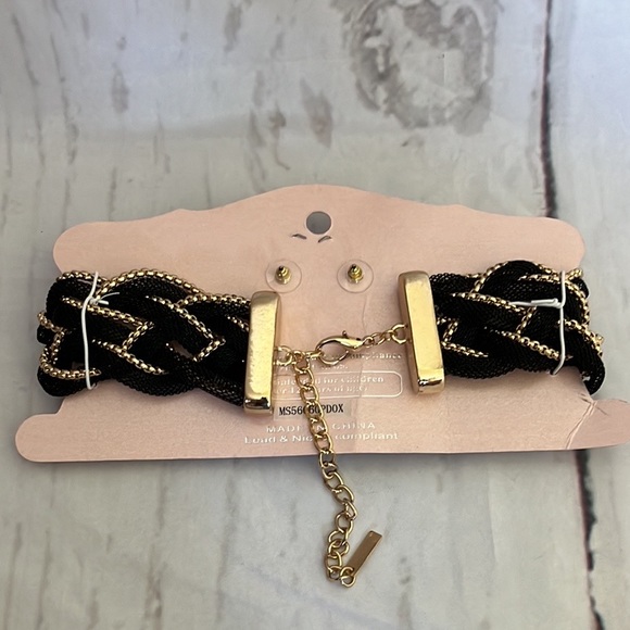 Mika Heavy Braided Metal Mesh Choker Necklace Set Black Gold - Picture 5 of 6